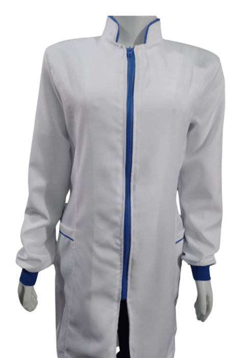 Jaleco feminino branco com viés e ziper azul royal - tecido OXFORD