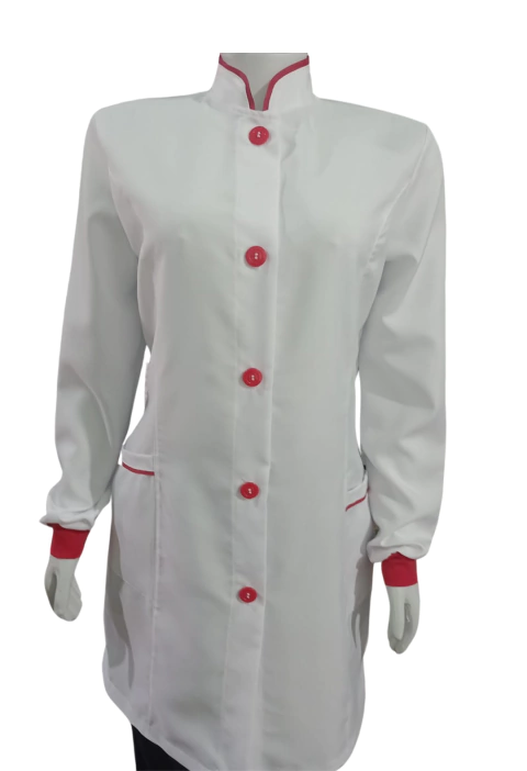 Jaleco feminino branco com detalhes vermelhos - tecido MICROFIBRA, a partir de: