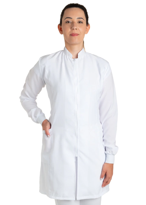Jaleco feminino branco liso de ziper - tecido GABARDINE COM ELASTANO