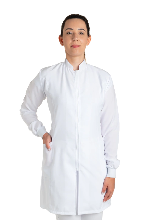 Jaleco feminino branco liso de ziper - tecido GABARDINE