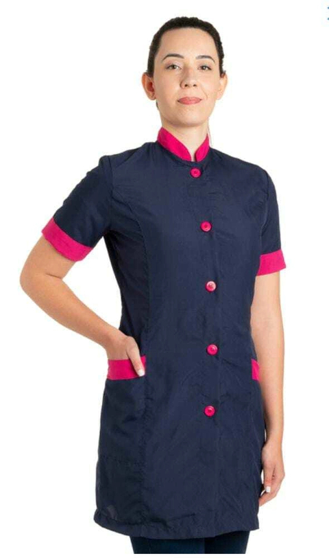 Jaleco feminino marinho com detalhes pink manga curta tecido OXFORD