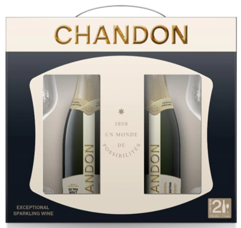 Chandon Extra Brut con copas en Estuche