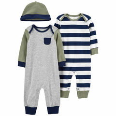 PACK DE JUMPSUITS LISO Y RAYADO + GORRITO -6M-