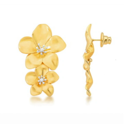 Brinco flor dupla banho ouro fosco