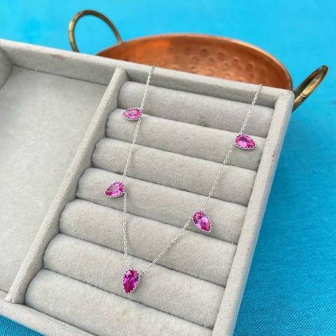 Colar 5 Gotas Safira Pink - Ródio branco