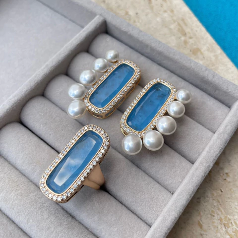 Conjunto Brinco e Anel - Azul