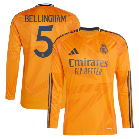 Camisa Real Madrid Away 24/25 Bellingham 5 Torcedor Manga Longa Masculina