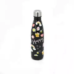 Botella acero negra con iconos happy en internet
