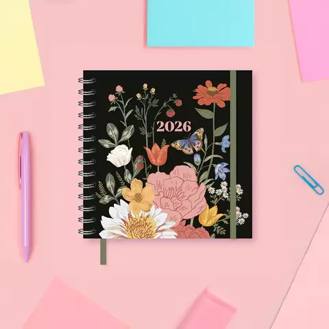 Agenda 2026 semanal CUADRADA chimi jardin nocturno (flores negra)
