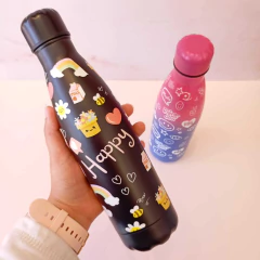 Botella acero negra con iconos happy