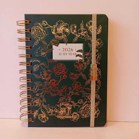 Agenda 2026 2 dias por pagina FW chica flores verde y dorado