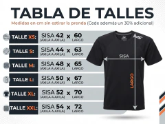 Tabla de talles para remera térmica Skechers compresión con medidas en centímetros de sisa y largo sin estirar la prenda