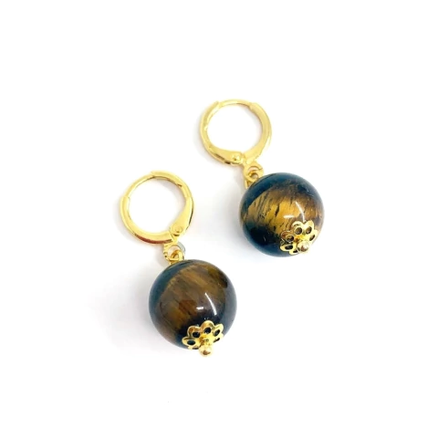 Brinco pedra olho de tigre base argola