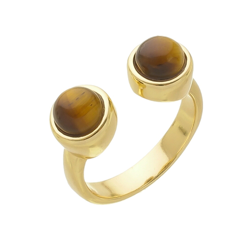 Anel Duo pedra natural olho de tigre com metais banhados a ouro