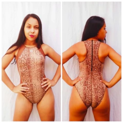 Maiô com zíper Aminal Print com det. Marrom