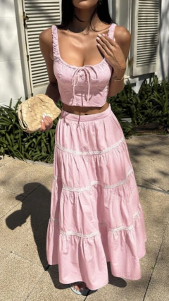 Conjunto Angela de saia midi e corset detalhes renda sianinha com estampa xadrez em algodão | SALGUNAMU - comprar online