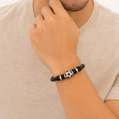 Pulsera Hombre Futbol Cuero Trenzado Negro Y Acero en internet