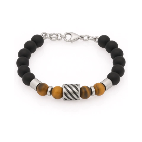 Pulsera Hombre TIGRE NOIR Piedras Onix y Ojos de Tigre con Acero - comprar online
