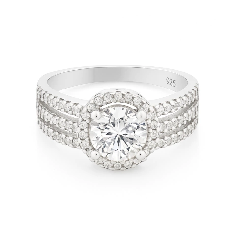 Anillo Halo Brillante con Triple Banda Dividida Plata 925