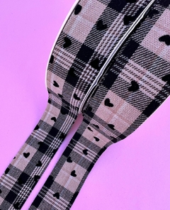 Fita Xadrez Corações veludo Preto Dupla face cetim 38mm (1 metro)