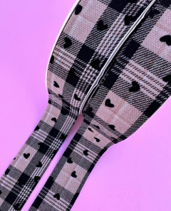 Fita Xadrez Corações veludo Preto Dupla face cetim 38mm (1 metro)