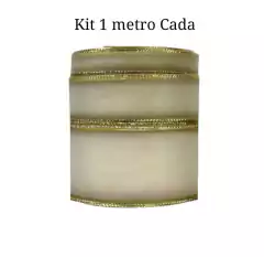Kit Fita Organza Marfim Borda dourada Sinimbu 3 larguras (1 metro de cada)