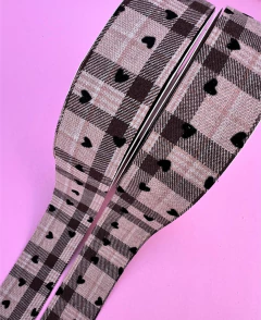 Fita Xadrez Marrom Corações veludo Preto Dupla face cetim 38mm (1 metro)