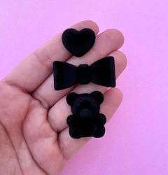 Aplique Veludo Laço Urso Coração Preto Plastico (kit 3un)