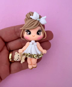 Aplique Boneca Vestido Branco Glitter ursinho Biscuit (un)