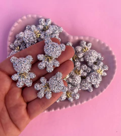 Aplique Urso Goma Prata Resina Laço Dourado (3un)