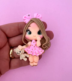 Aplique Boneca Vestido Rosa Poá Dourado Biscuit (un)