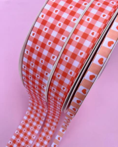 Fita Gorgurão Yama Estampada Xadrez Corações Laranja (3 metros)