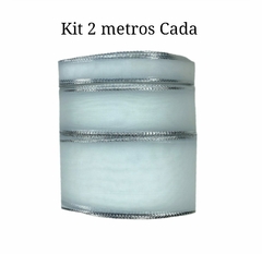 Kit Fita Organza Branca Borda Prata Sinimbu 3 larguras (2 metros de cada)