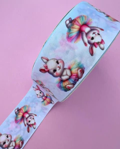 Fita Cetim Estampada Coelha Bailarina Princess 38mm (1 metro)