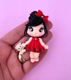 Aplique Boneca Vestido Vermelho Glitter ursinho Biscuit (un)