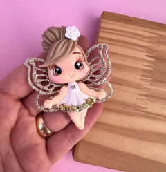 Aplique Boneca Festas Asinha Dourada Glitter vestido Branco Biscuit (un)