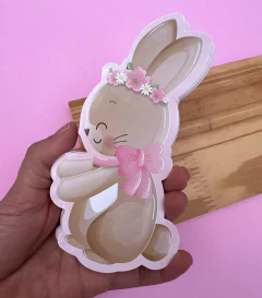 Tag Coelho Bico de Pato Feliz Páscoa Coelho Floral 15x8,5cm Laminado Frente papel 300g