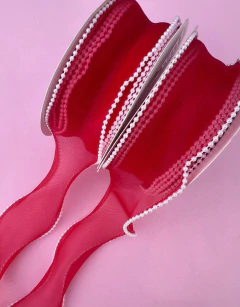 Fita Tule Borda Pérola Vermelha 38mm (1 metro)