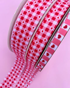 Fita Gorgurão Yama Estampada Xadrez Corações Vermelho (3 metros)