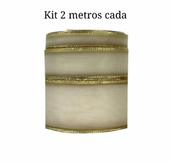 Kit Fita Organza Marfim Borda dourada Sinimbu 3 larguras (2 metros de cada)