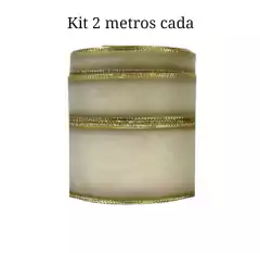 Kit Fita Organza Marfim Borda dourada Sinimbu 3 larguras (2 metros de cada)