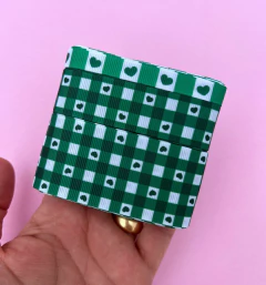 Kit Gorgurão Yama Estampada Xadrez Corações Verde Bandeira 3 Larguras (2 metros cada)