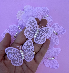 Borboleta Voal Rosa Clarinho Bordada pérolas e strass (2un)