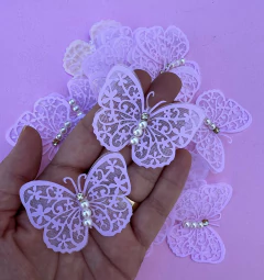 Borboleta Voal Rosa Clarinho Bordada pérolas e strass (2un)