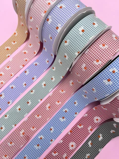 Fita Tecido Xadrez Meia Margarida Branca Dupla face Cetim 38mm (1 metro)