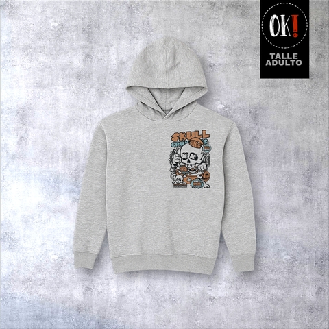 BUZO TALLE ADULTO FRISA GRIS MELANGE CON CAPUCHA SKULL