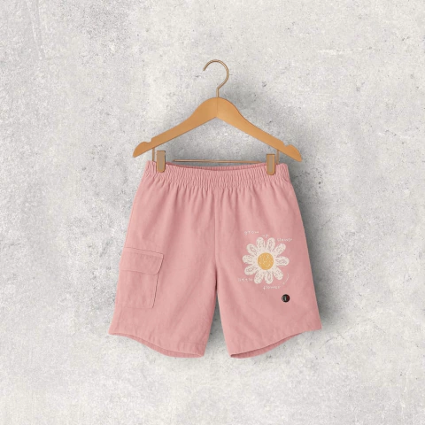 BERMUDA RUSTICA ROSA PASTEL MARGARITA NIÑA CON BOLSILLO LATERAL