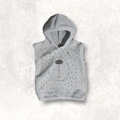 CHALECO FRIZA CON CAPUCHA GRIS MELANGE OSITO BEBE Y NIÑO