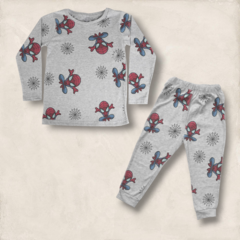 CONJUNTO PIYAMA SPIDER JERSEY LIVIANO GRIS MELANGE BEBE Y NIÑO