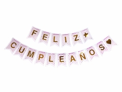 Banderín Doble Guarda Rosa y Oro Feliz Cumpleaños